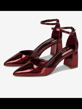 ALDO Metallic Burgundy Pointed Block Heel Ankle-Strap Pumps #1276